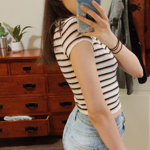 Soft ribbed stripe baby tee full length, stretchy comfy - Picture 3 of 7